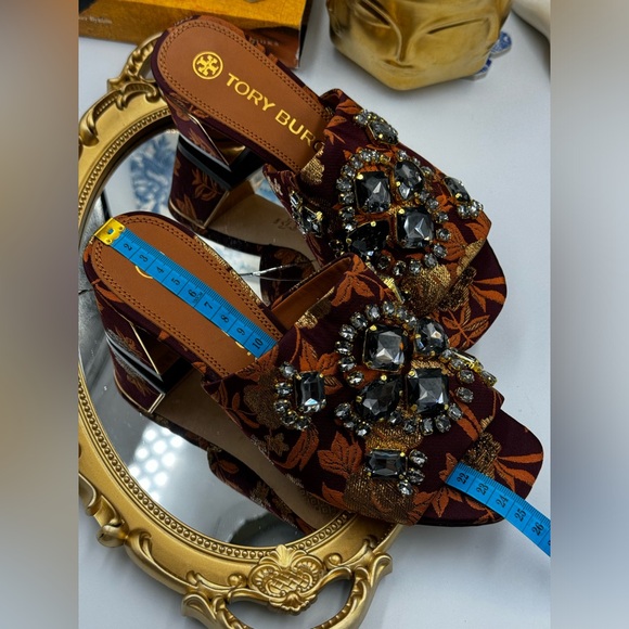 🆕 TORY BURCH 🧿NWOT Martine Jacquard Mid-Heel Slide, Burgundy Black Diamond Sz7 - Picture 14 of 16